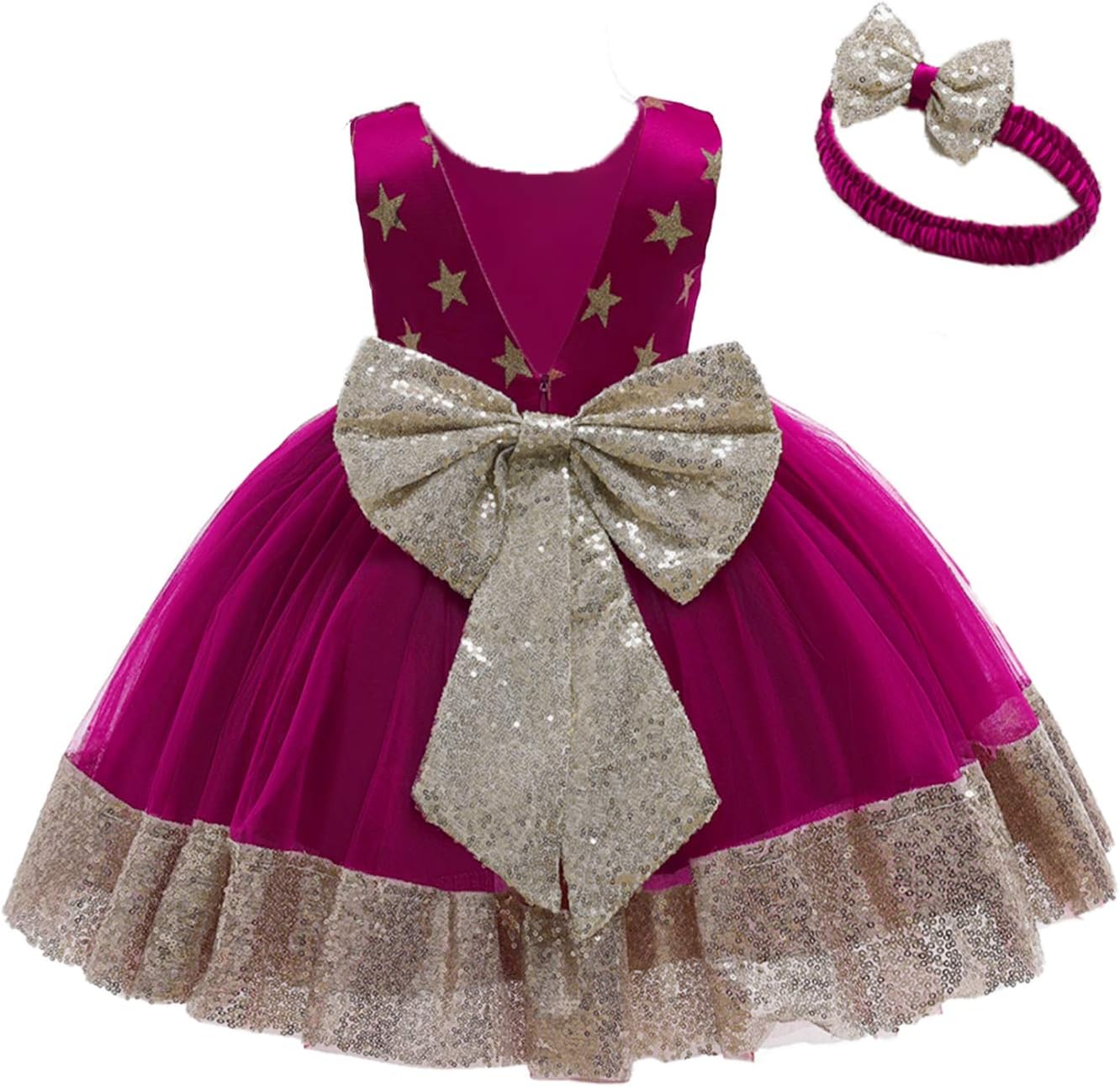 12M-6Y Baby Dress Sequins Bowknot Flower Girls Lace Wedding Pageant Tutu Gown Dresses with Headwear