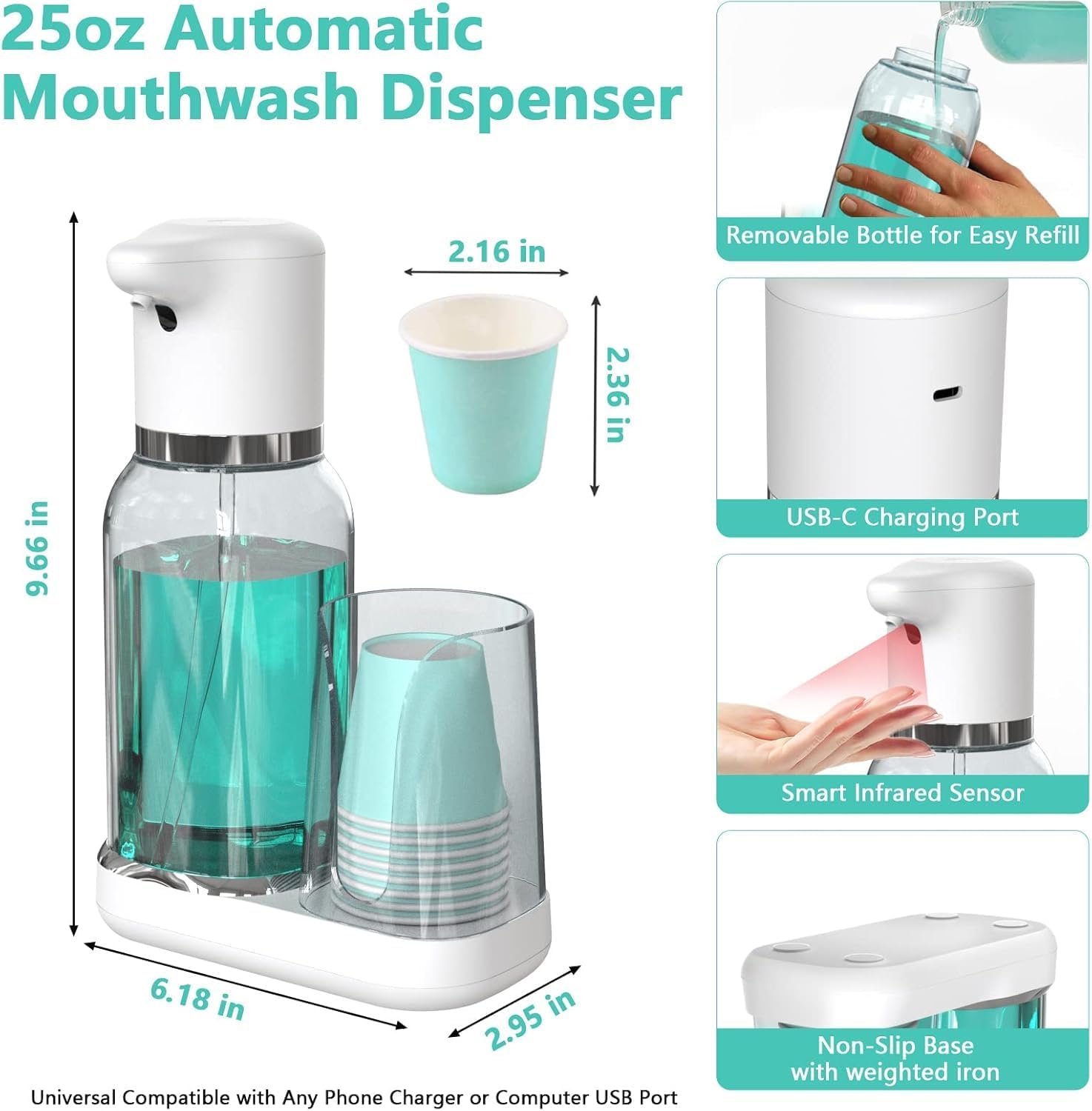 WhiteRhino Automatic Mouthwash Dispenser,25oz Mouthwash Dispenser for Bathroom with 2-Level Adjustment,Upgraded Infrared Sensor,Rechargeable&Refillable Container for Bathroom,Vanity