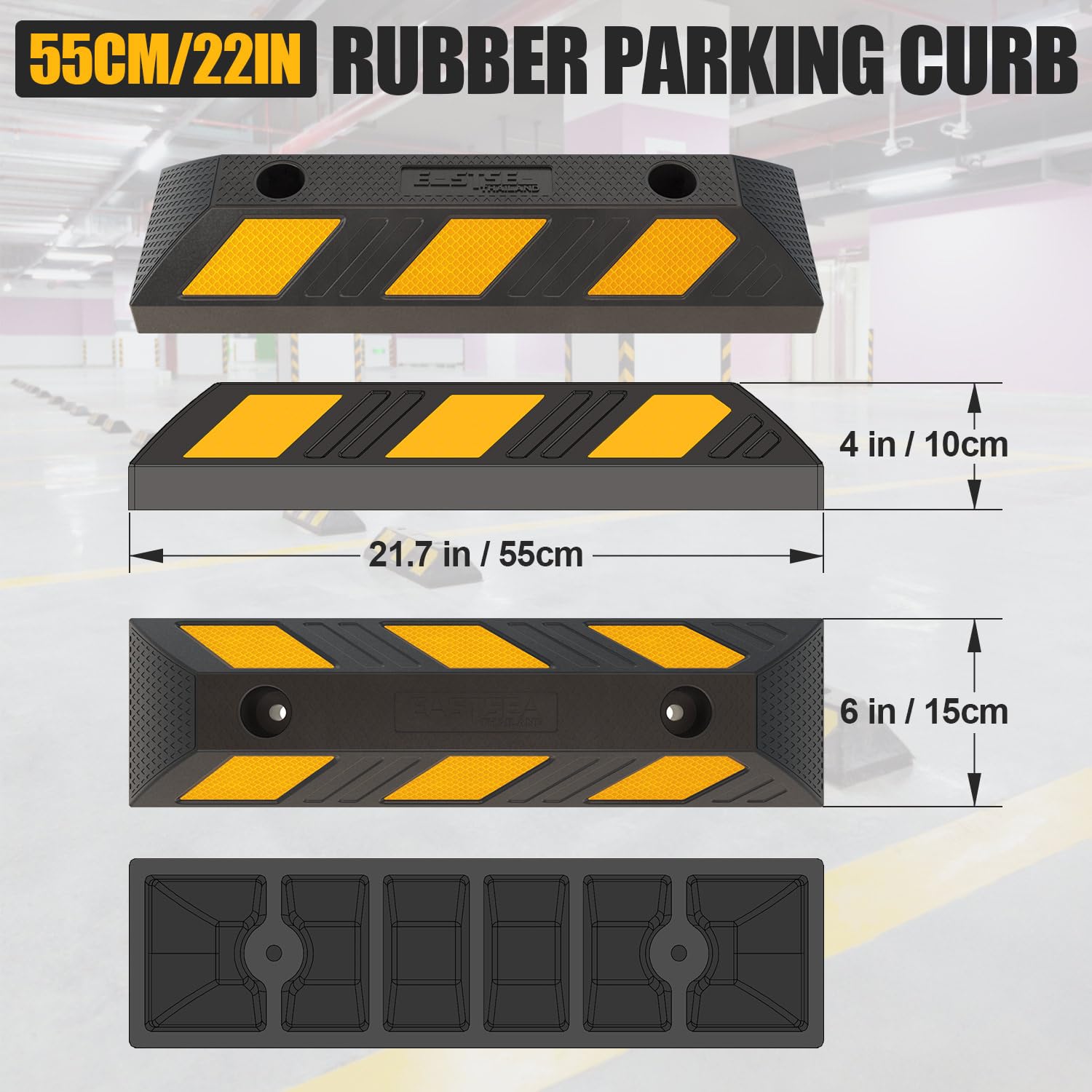 Paquete de 4 bordillos de estacionamiento de goma de alta resistencia de 55 cm, kits de instalación incluidos, tope de piso de garaje de estacionamiento, tapón de rueda para vehículos