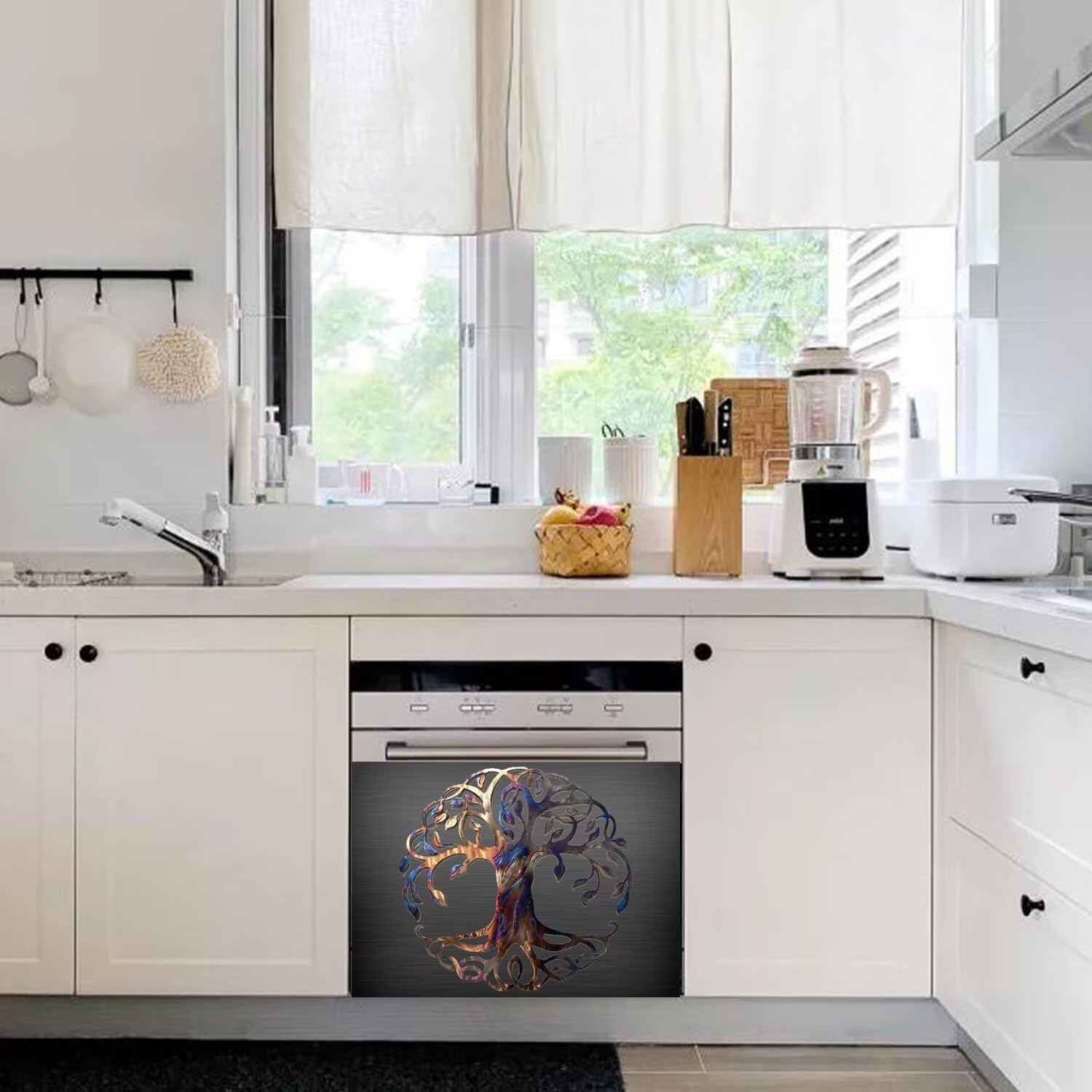 Colorful Metal Tree of Life Dishwasher Magnet Cover for The Front, Black Brushed Stainless Steel Refrigerator Magnets Stickers Full Door Cover, 23" W x 17" H Vinyl Decal for Dishwasher (Magnetic)