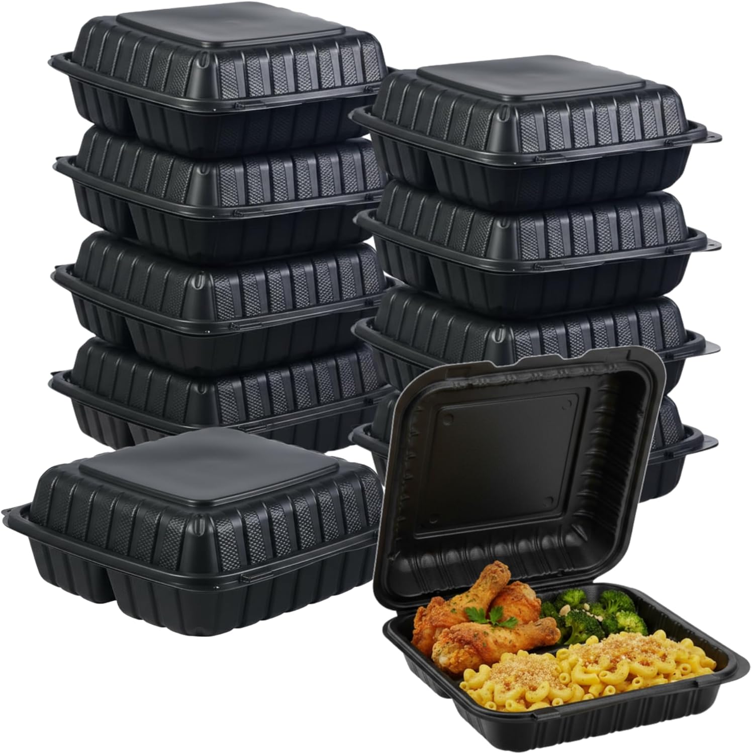 9x9 3-Compartment Hinged Vented Food Containers, 50 Pack – Clamshell Takeout Containers, Meal Prep Food Storage, 3 Compartment Food Containers, To Go Boxes & Cake Slice Box - Black