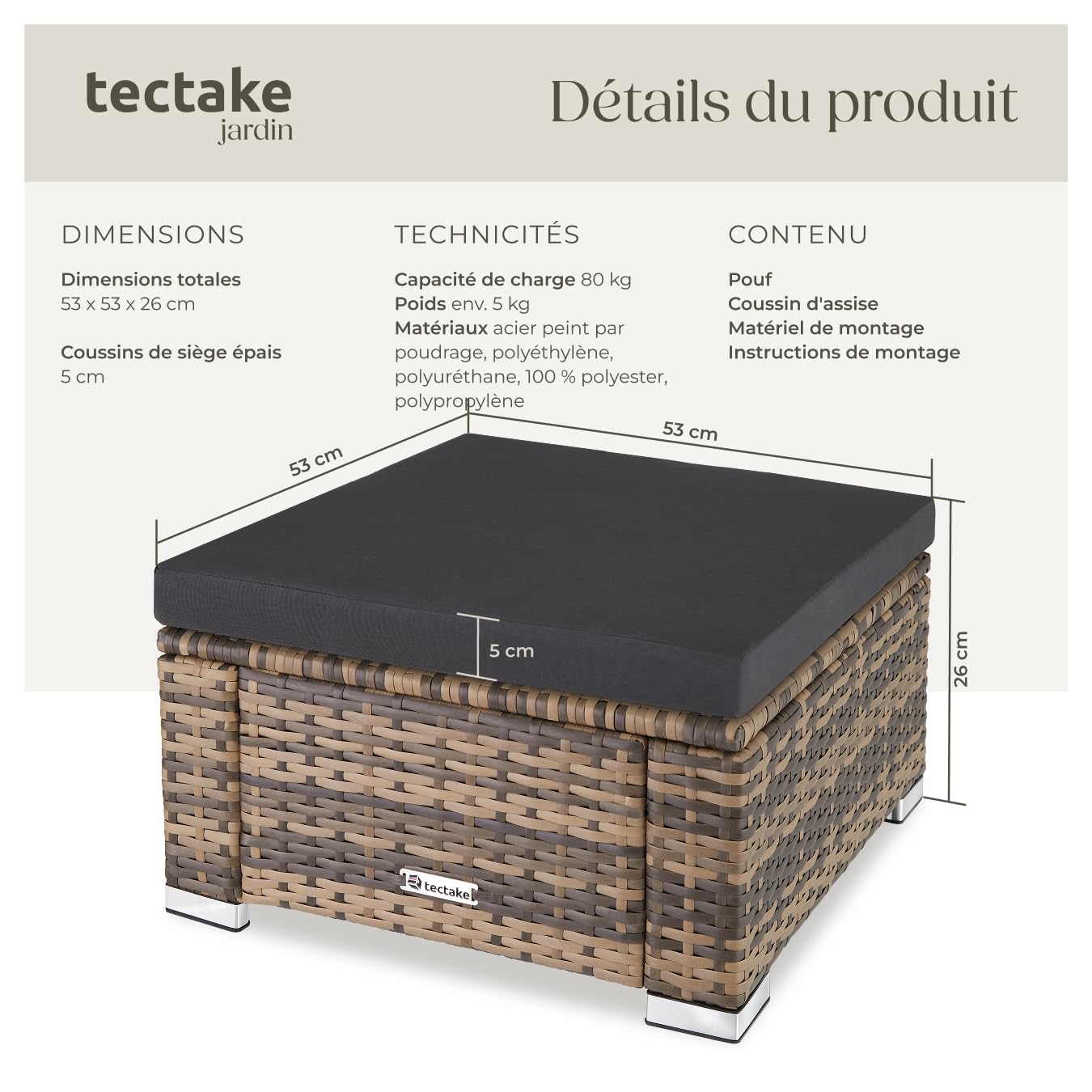 tectake® Tabouret Repose-Pieds Table Basse pour Salon de Jardin Exterieur en Résine Tressée, Pouf avec Coussin imperméable pour Amenagement Balcon Terrasse