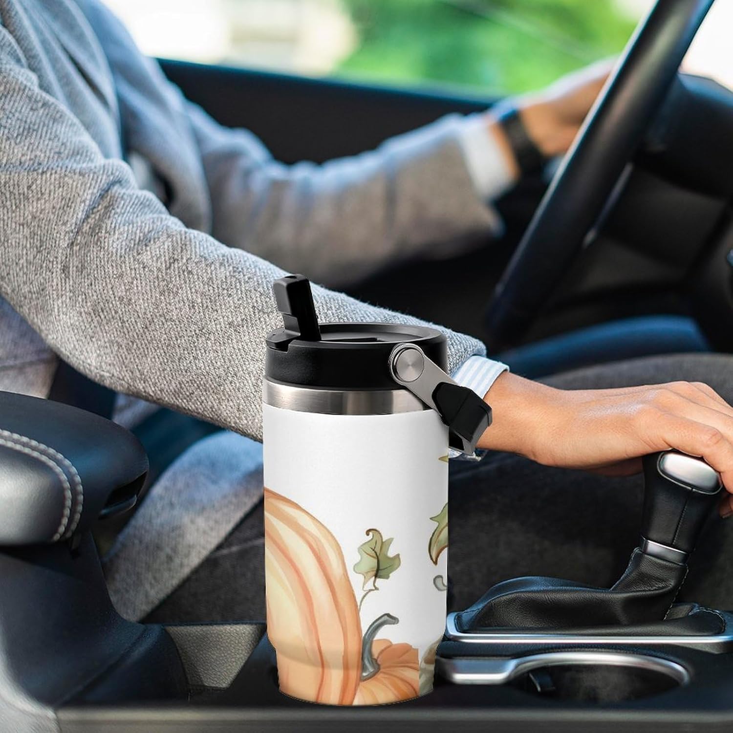 30oz Insulated Tumblers with Top Handle, Stainless Steel Fall Watercolor Pumpkins Car Cup with Straw for Gift, Leak-Proof Double Wall Vacuum Travel Mug, Personalized Water Bottles Black