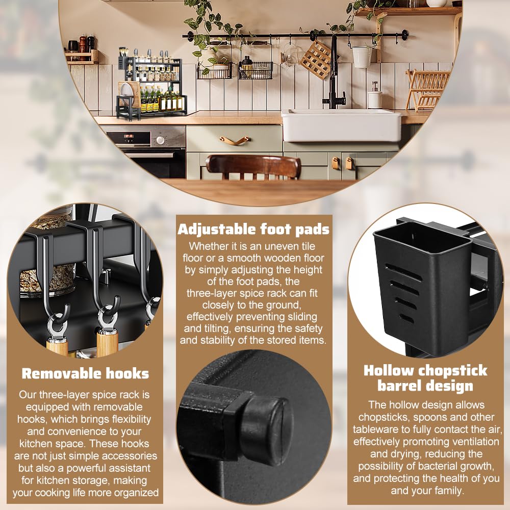 Organizador de Especias para Cocina, Estantería para Especias de 3 Niveles de Pie, Especieros para Cocina de Acero al Carbono con Soporte para Tabla de Cortar, Caja para Utensilios y 6 Ganchos
