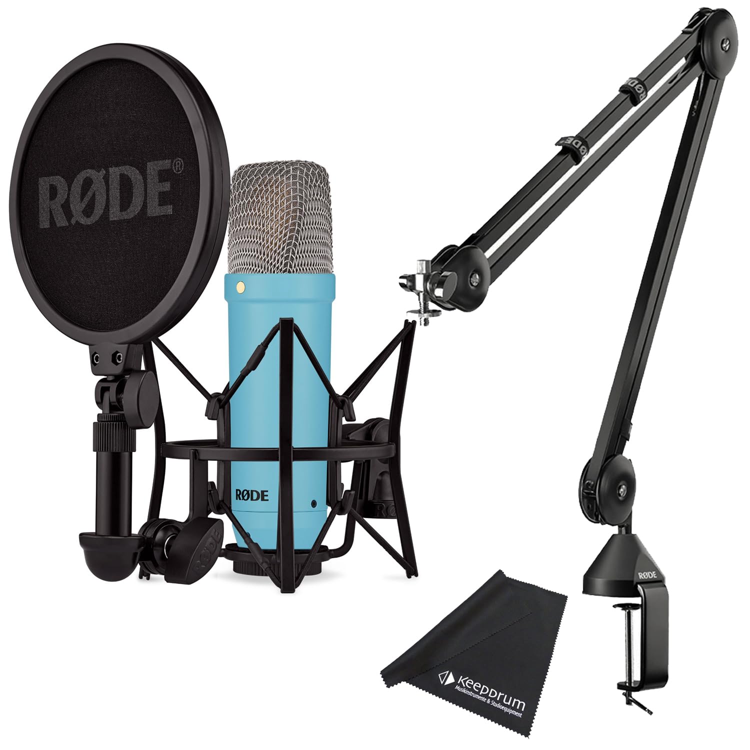 Rode NT1 Signature Blue Studio-Mikrofon Blau + PSA1 Gelenkarm-Stativ Schwarz + keepdrum Mikrofasertuch