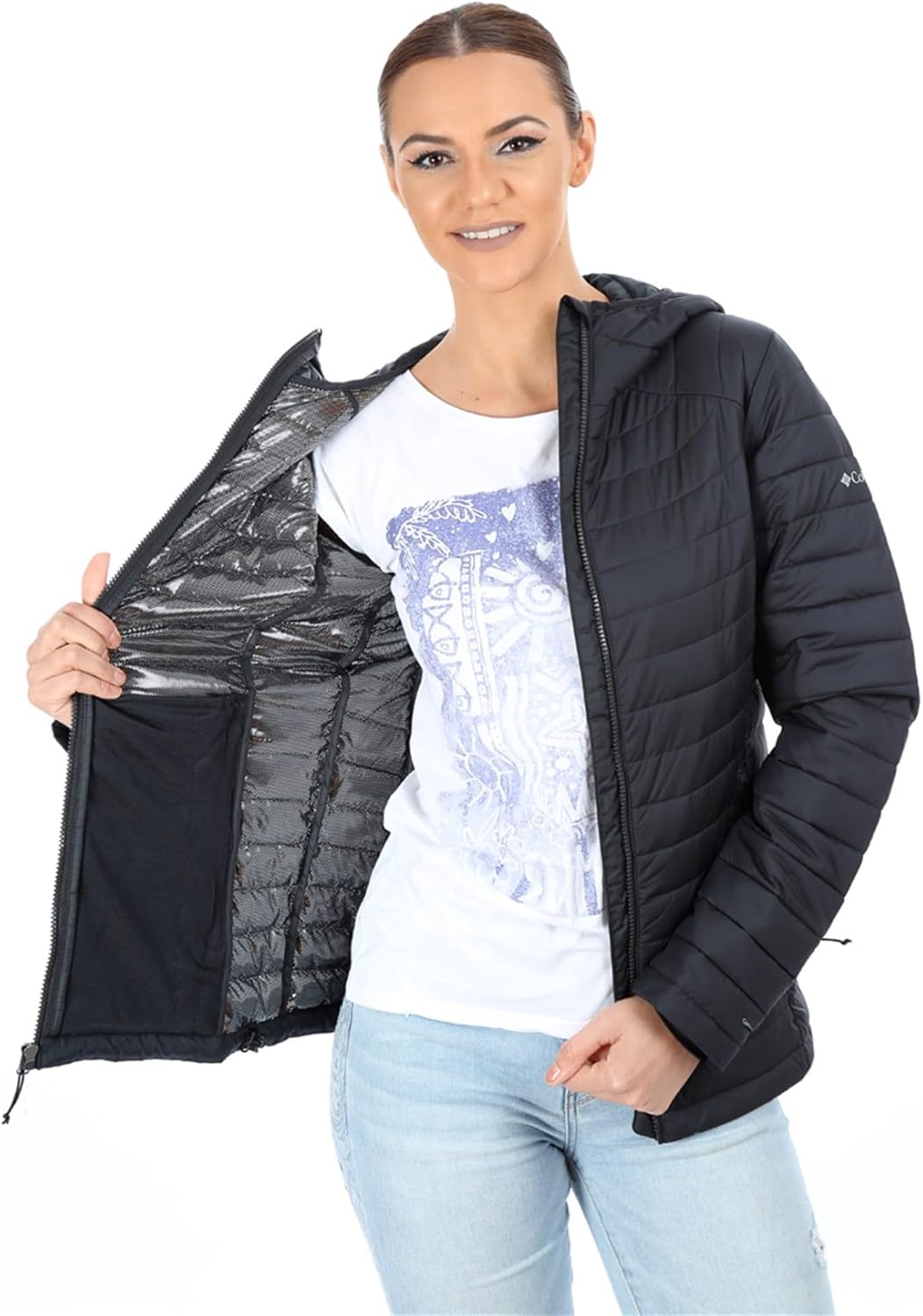 Columbia Women's White Out II Omni Heat Hooded Jacket Puffer (Black, Medium)