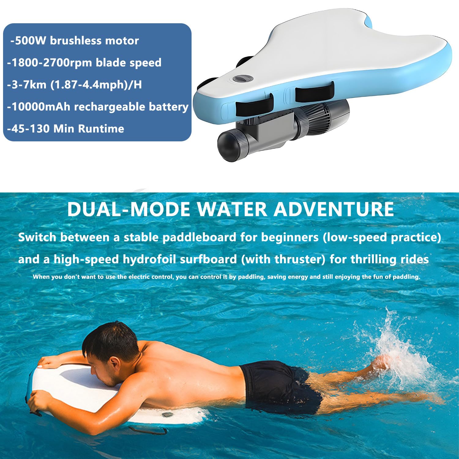 Tabla de surf eléctrica con refuerzo subacuático de 500 W, bodyboard inflable, duración de la batería de 40-130 minutos, 3-7 km/h, material grueso, incluye bolsa de almacenamiento de empuje para