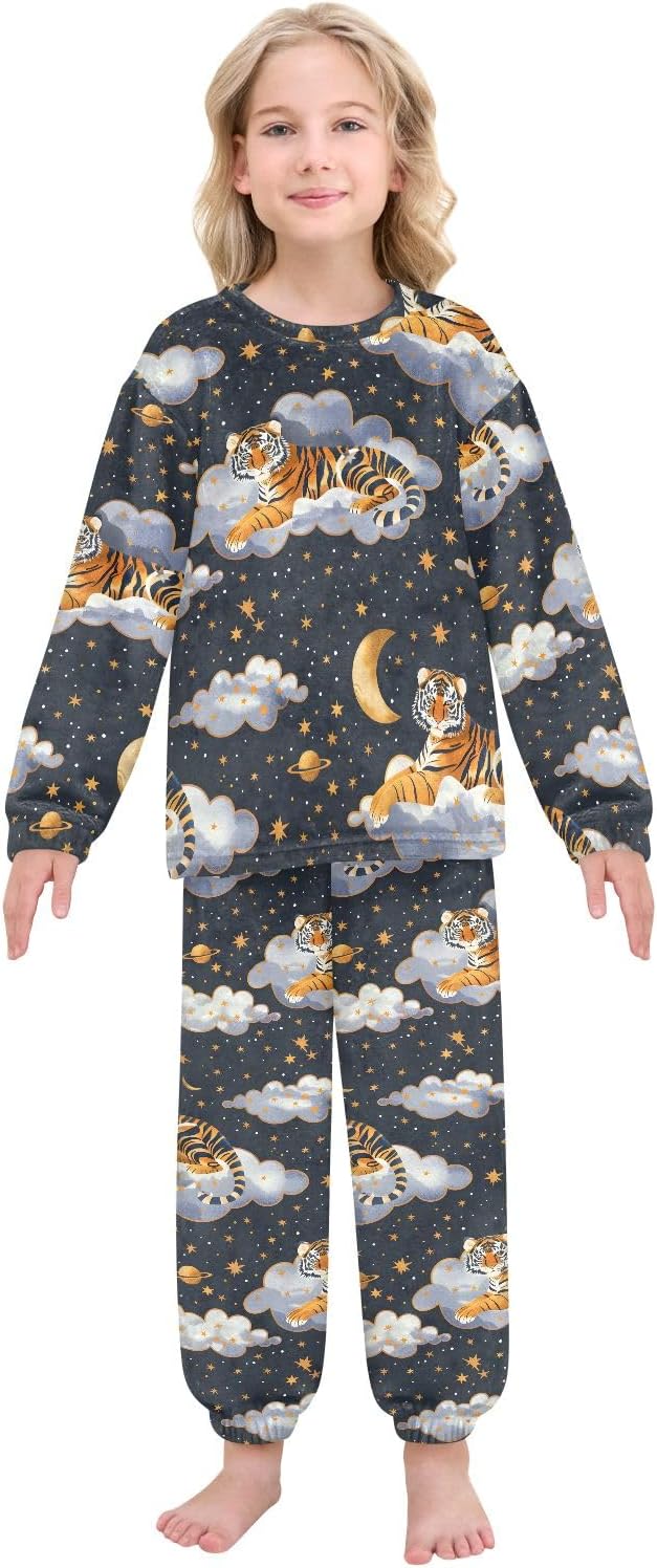 Kids Flannel Sets Tiger Resting on Clouds Warm Plush Relaxed Clothing for Boys and Girls