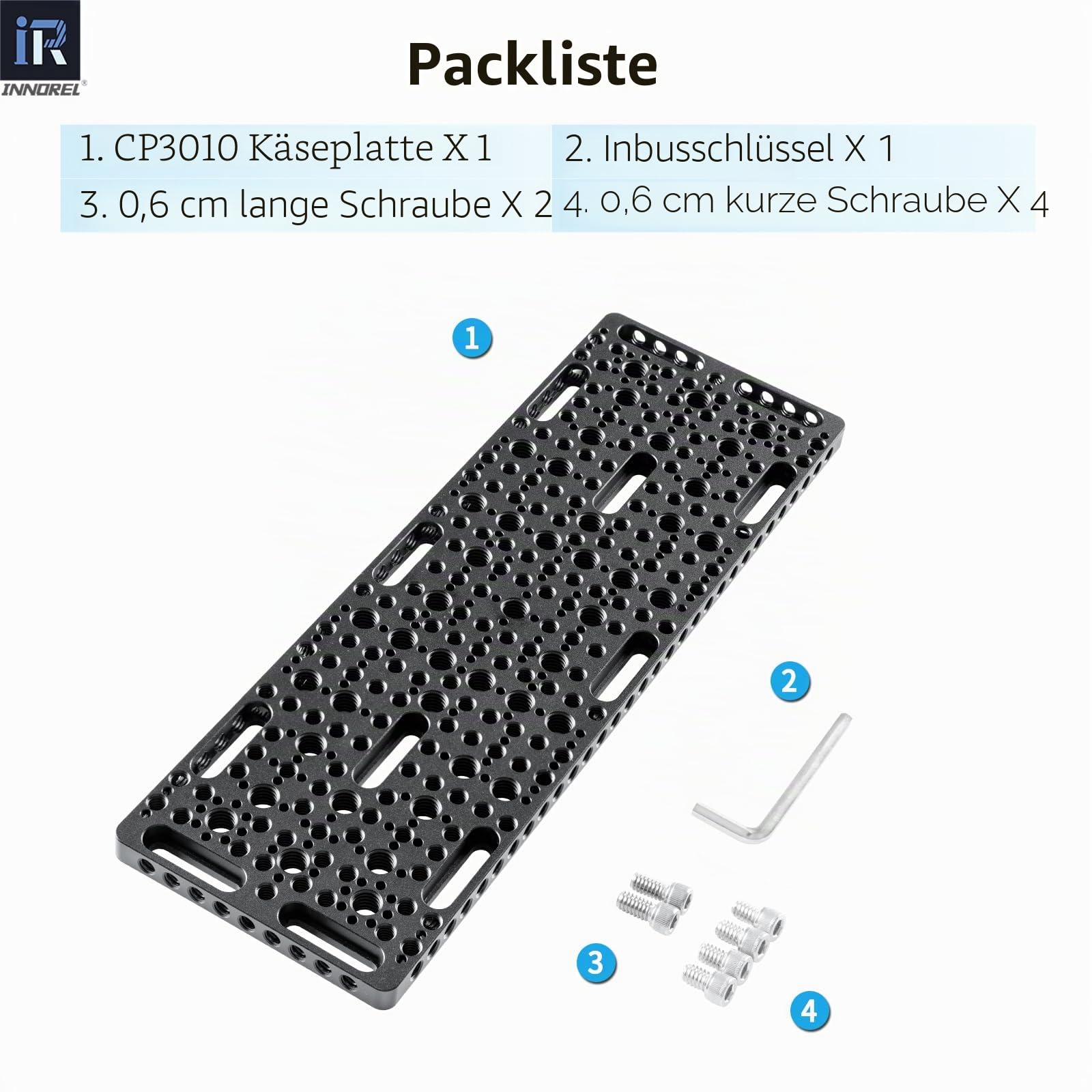 INNOREL CP3010 30 * 10 cm Multifunktionale Käseplatte mit 1/4"- und 3/8"-Gewinde,Wechselbare Montageplatte mit integrierten ARRI-Befestigungslöchern für Kamera und Stativ
