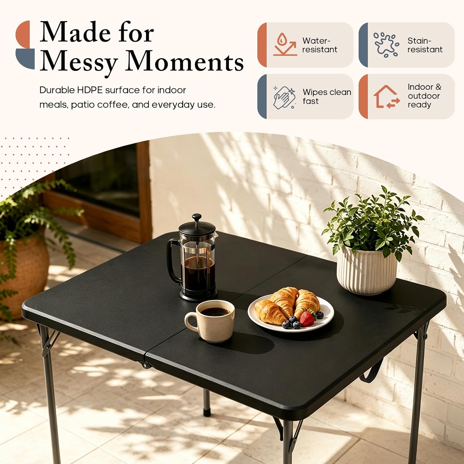 34" Square Folding Card Table, Fold-in-Half Portable Table, Black
