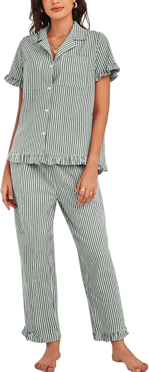 Flygo Womens Striped Pajama Sets Cotton Button Down Sleepwear Short Sleeve Top Long Ruffle Pants 2 Piece Pjs Loungewear Sets