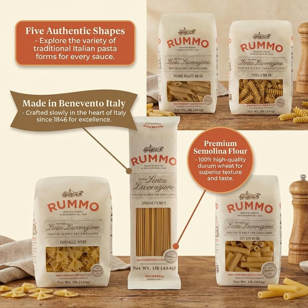 Rummo Pasta Variety Pack - Spaghetti Noodles, Fusilli, Penne Rigate, Farfalle, Ziti, Made with Semolina Flour, Pasta from Italy - 16 Ounce (Pack of 5)