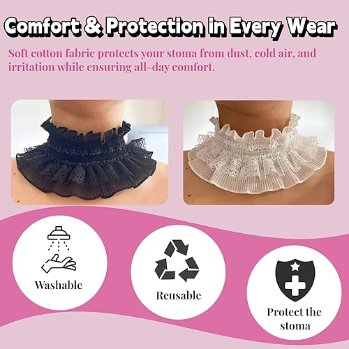 Miniatura 2 de 2 fundas de traqueotomía de encaje  Protector de estoma de cuello blanco y negro, protector de estoma elástico de algodón suave transpirable para