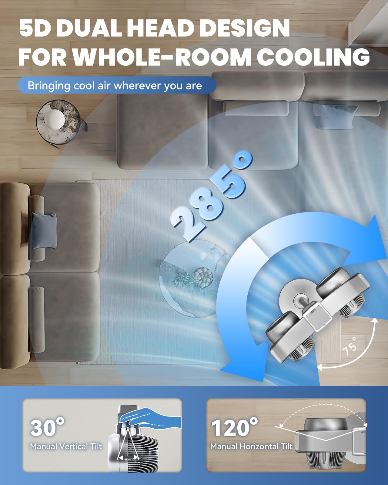Ventilador de nebulización oscilante de 45 pulgadas | Circulador de aire 5D 285° con humidificador e ionizador de aire | Motor de CC silencioso de 12 velocidades | Control remoto y táctil de panel | 2