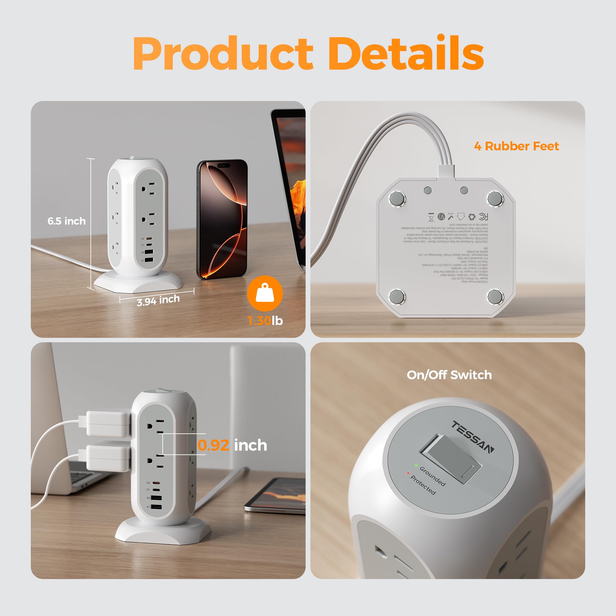 TESSAN Tower Power Strip Flat Plug with 1050J Surge Protection, 6 Ft, Grey — Amazon image 7