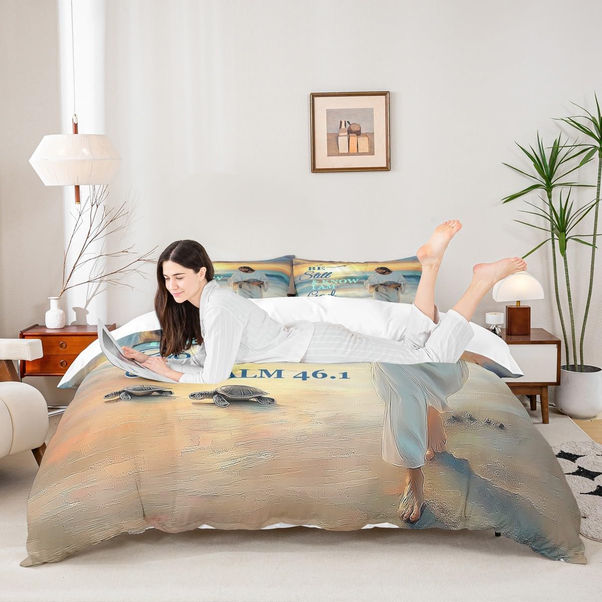 Bible Verses Duvet Cover Sets Queen Size,Ocean Beach Bedding Set 3Pcs for Kids Boys Girls Teens Room Decor,Bible Verses Theme Comforter Cover Inspirational Quotes Quilt Cover,2 Pillowcases