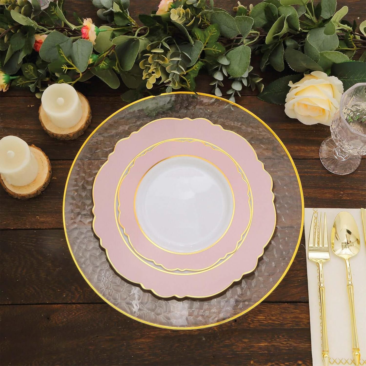 Efavormart 10-Pack Blush Rose Gold Round Blossom 10" Plastic Dinner Plates - Heavy Duty Disposable Party Plates with Gold Rim for Wedding Receptions