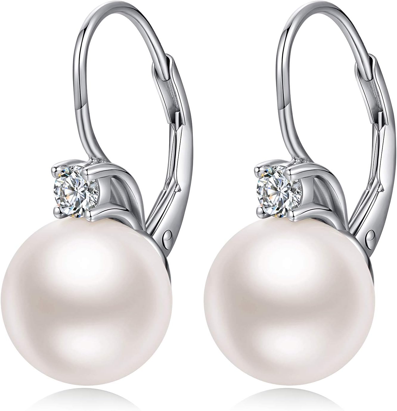JiayangJY Women 18K Rose Gold Plated Diamond Pearl Earrings Sterling Silver Drop leverback Earrings 10MM White Round Pearls