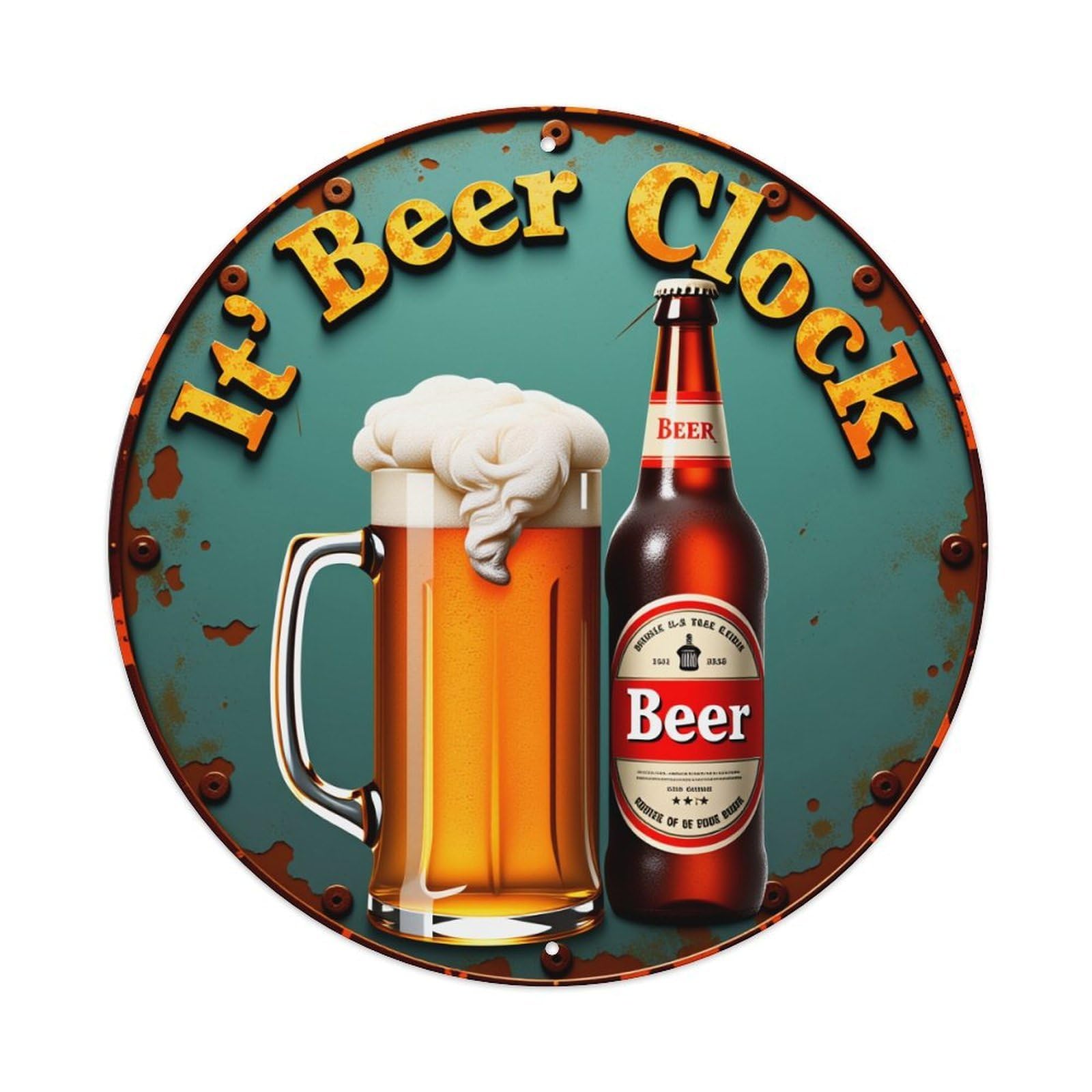 Beer Mug And Bottle On Rustic Clock Background Metal Tin Sign Plaque