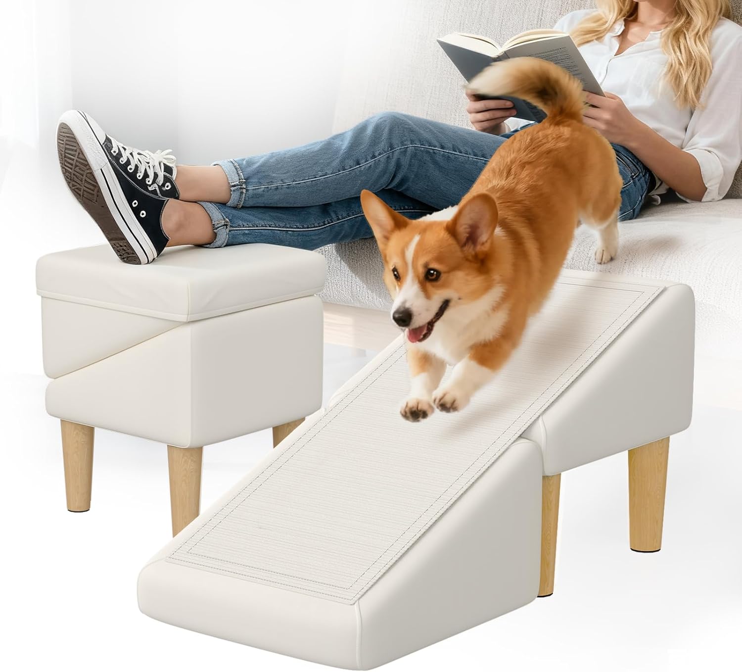 Dog Ramps for Small Dogs and Cat, Removable Non-Slip Mat & Seat Cushion, 23 Incline Foldable Dog Ramp Ottoman, Solid Wood Anti-Slip Pet Ramp, for Small Senior & Injured Dogs & Cats