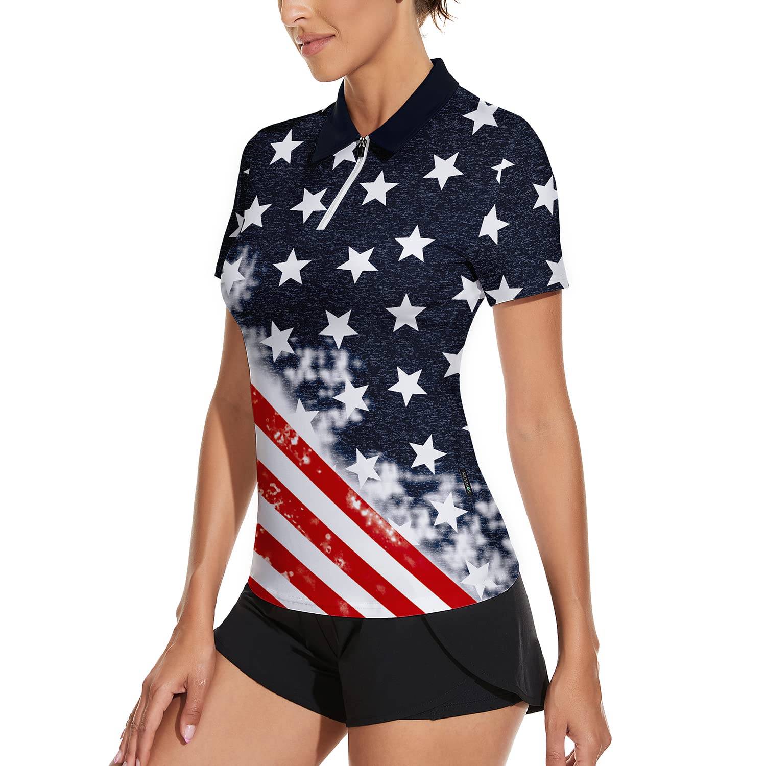 Soneven Women's Long Sleeve Golf Polo Shirts Moisture Wicking Quick Dry Half-Zip Pullover Athletic Workout Striped Tops