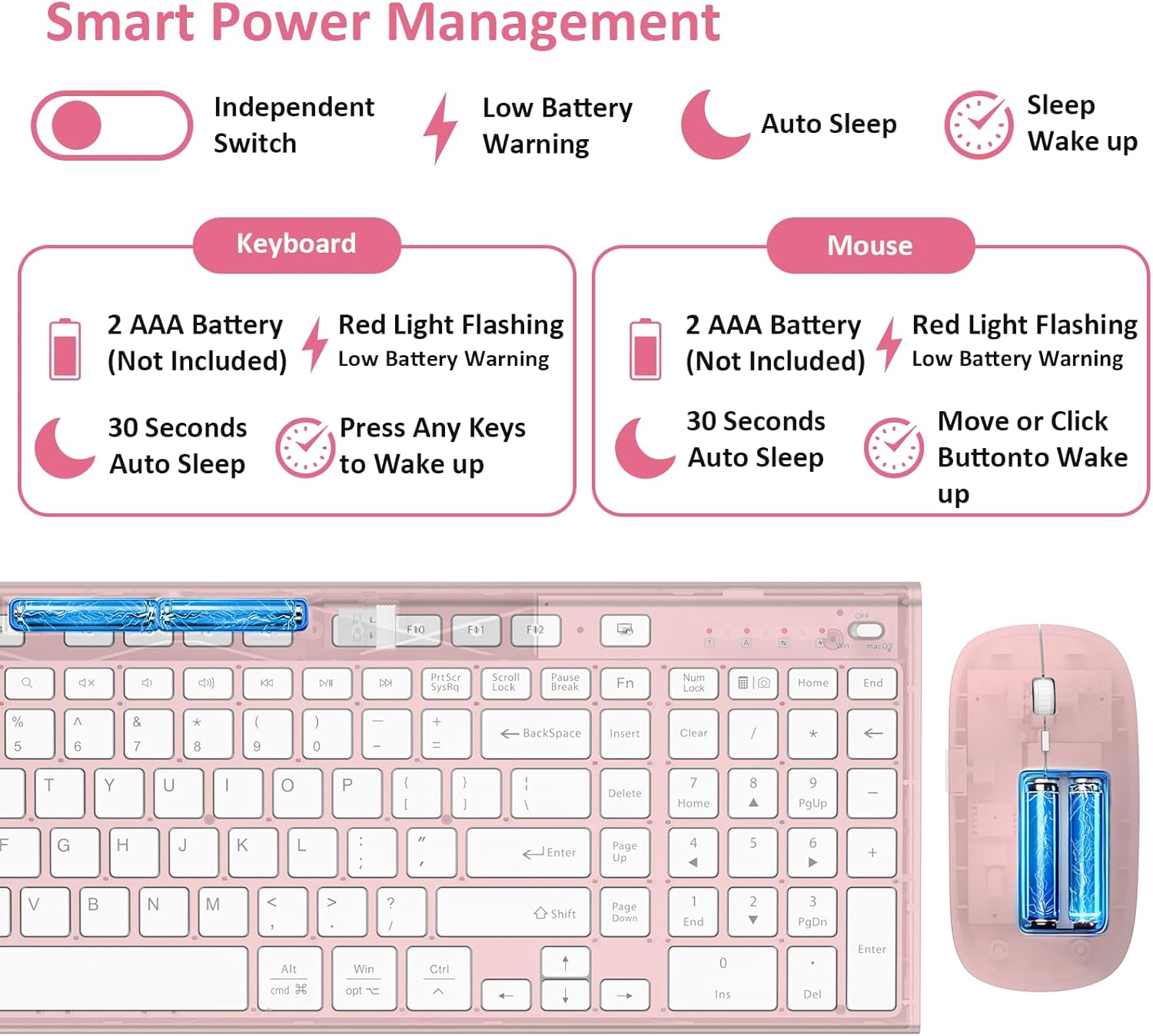 Wireless Keyboard and Mouse, GALENMORO Silent Quiet Combo Low Profile USB C Full Size Compact with Number Pad Flat Soft Touch Cordless for Mac Computer PC Laptop MacBook iMac Office - Pink Rose Gold