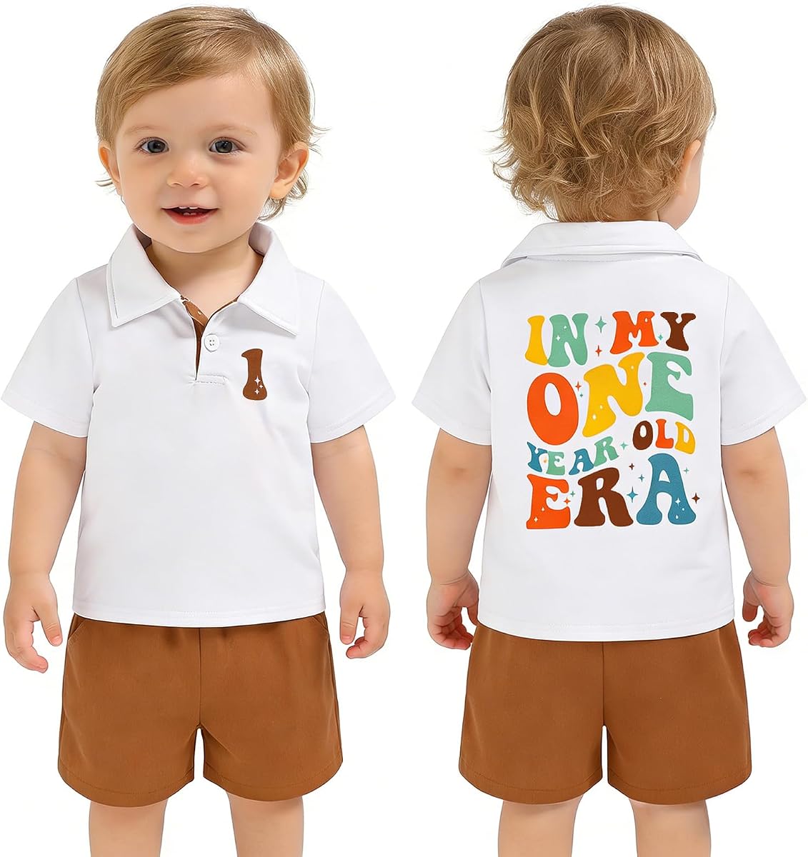 Baby Boy Birthday Outfit, 2-Sided Print Polo and Shorts 2Pcs, Cake Smash & Photoshoot for 1st 2nd 3rd 4th Birthday