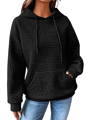 SHEWIN Womens Hoodies Casual Long Sleeve Drawstring Waffle Pullover Tops Loose Hooded Sweatshirt with Pocket