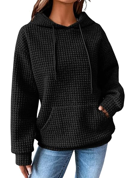 SHEWIN Womens Hoodies Casual Long Sleeve Drawstring Waffle Pullover Tops Loose Hooded Sweatshirt with Pocket