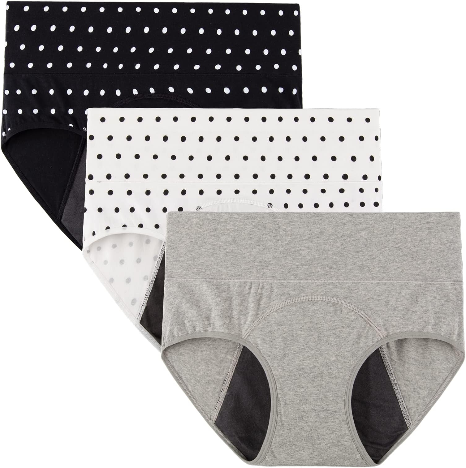 Women's 3 Pack High Waist Cotton Underwear Menstrual Period Leakproof Panties Postpartum Protective Briefs(Large, 2 Dot Print&Gray)