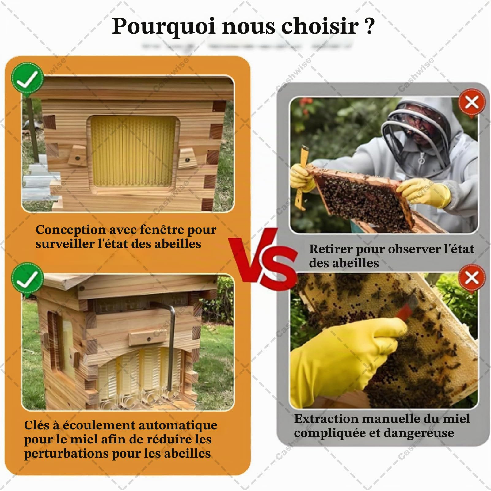 Ruche automatique – Ruche en bois à écoulement autonome, avec fenêtre et robinet à miel, cadres à flux automatique et 6 cadres de couvain – Kit de démarrage pour apiculteurs (Ruche et fournitures)
