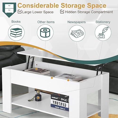 Miniatura 20 de PayLessHere Mesa auxiliar elevable con compartimento oculto y estante de almacenamiento, mesa de comedor de madera para sala de estar y hogar Negro