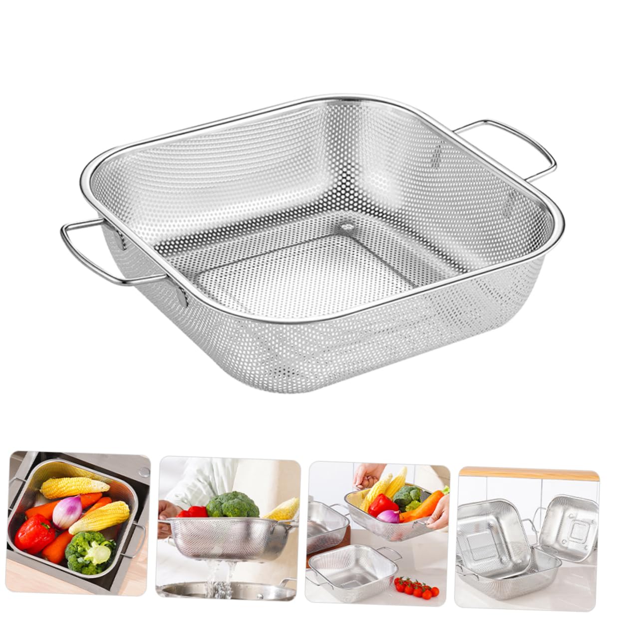Cestello Scolapasta Quadrato in Acciaio Inox con Doppia Maniglia, 1 Pezzo