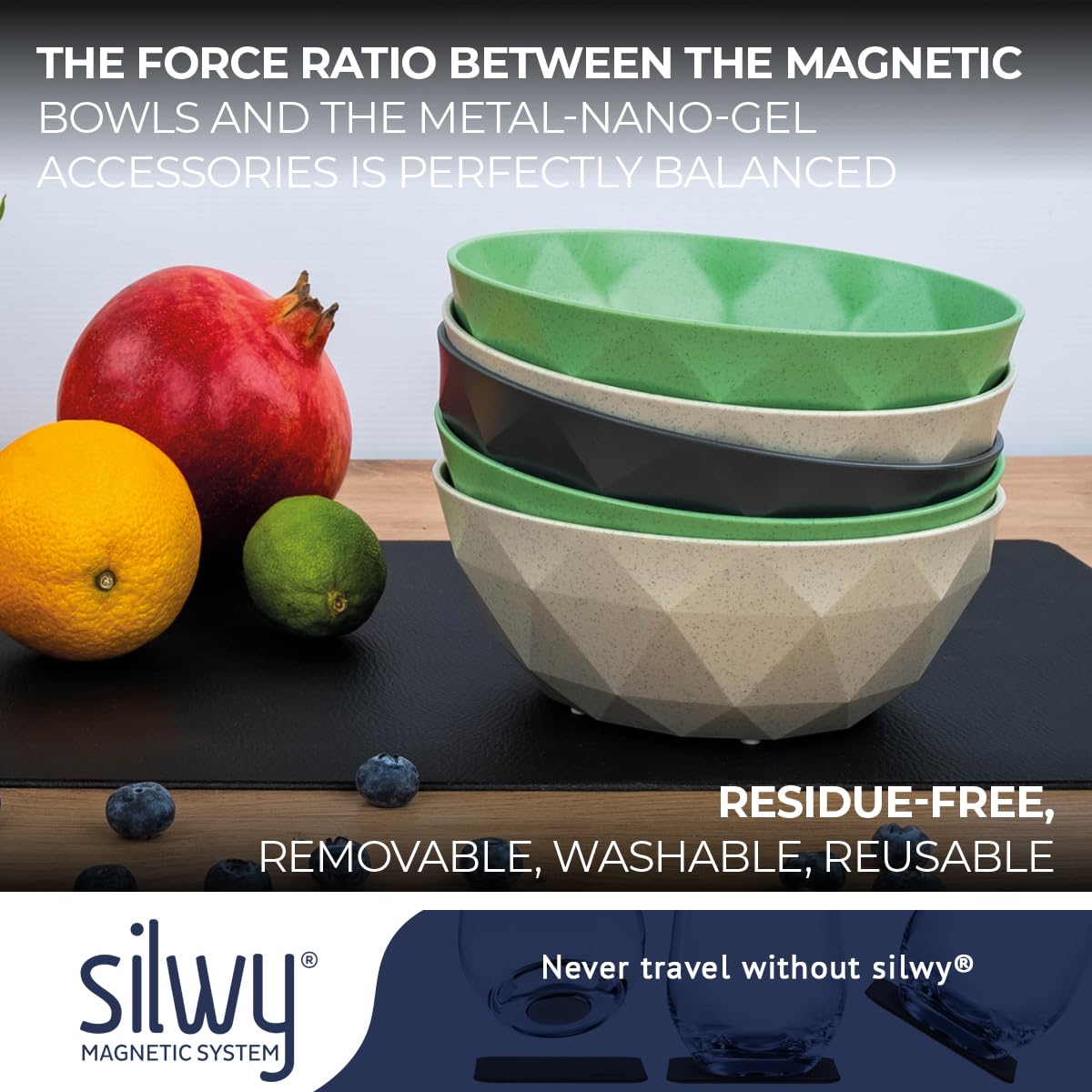 silwy® Super-Magnet-Bowl GREY (2er-Set) HIGH-TECH-Kunststoff - perfekt für Camping, Caravaning und Boating - rutschfestes Geschirr ohne jegliches Klappern stapelbar
