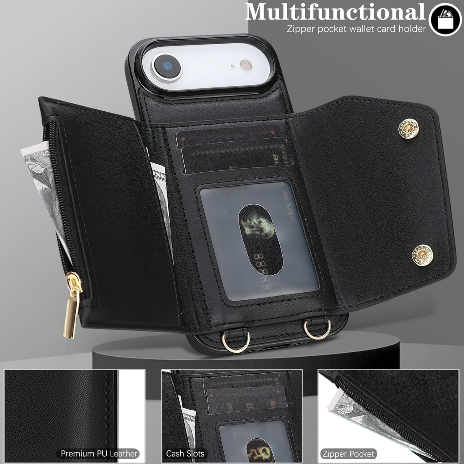 Crossbody Case for Apple iPhone 17 Air with Card Holder, Wallet Case Removable Lanyard Wrist Strap Shockproof with Kickstand Women Cover for iPhone Air.Crossbody Black