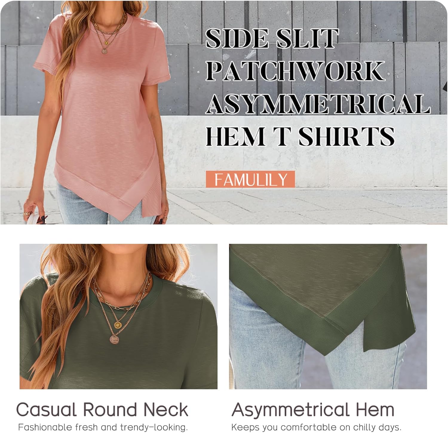 Famulily Womens Casual Summer Round Neck Short Sleeve Tunic Tops Side Slit Patchwork Asymmetrical Hem T Shirts - Image 5