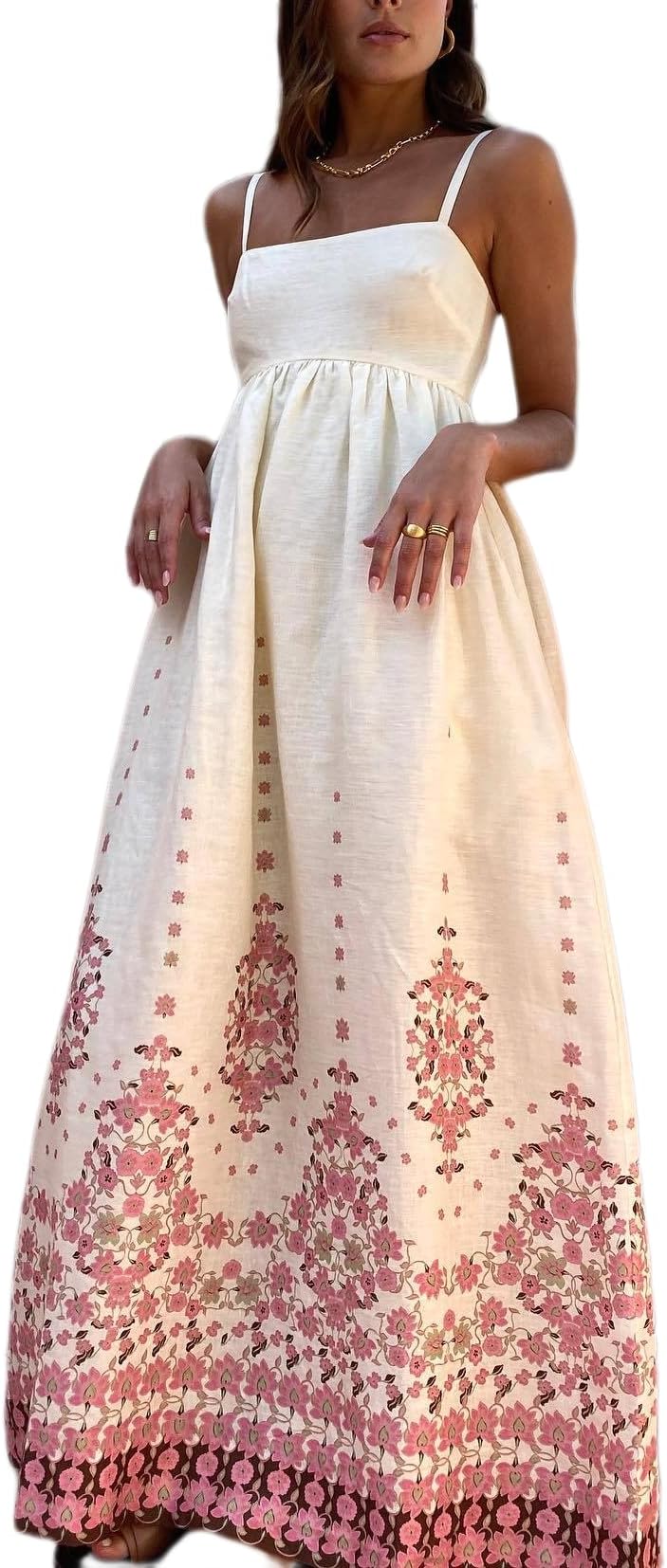Women's Summer Maxi Dresses Sexy Spaghetti Strap Floral Printed Flowy Swing Bohemian Party Long Dress with Pockets