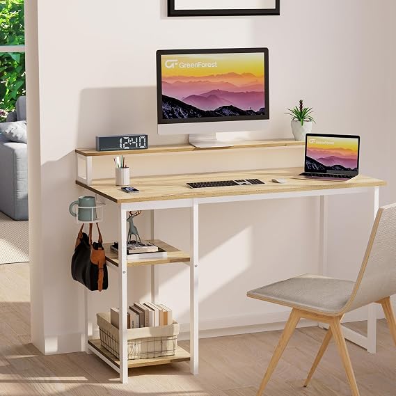 GreenForest Computer Desk with Full Monitor Stand,100 cm Home Office Desk with Reversible Storage Shelves,Small Study Desk with Headphone Hook and Cup Holder,Oak