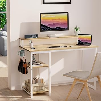 GreenForest Computer Desk with Full Monitor Stand,100 cm Home Office Desk with Reversible Storage Shelves,Small Study Desk with Headphone Hook and Cup Holder,Oak
