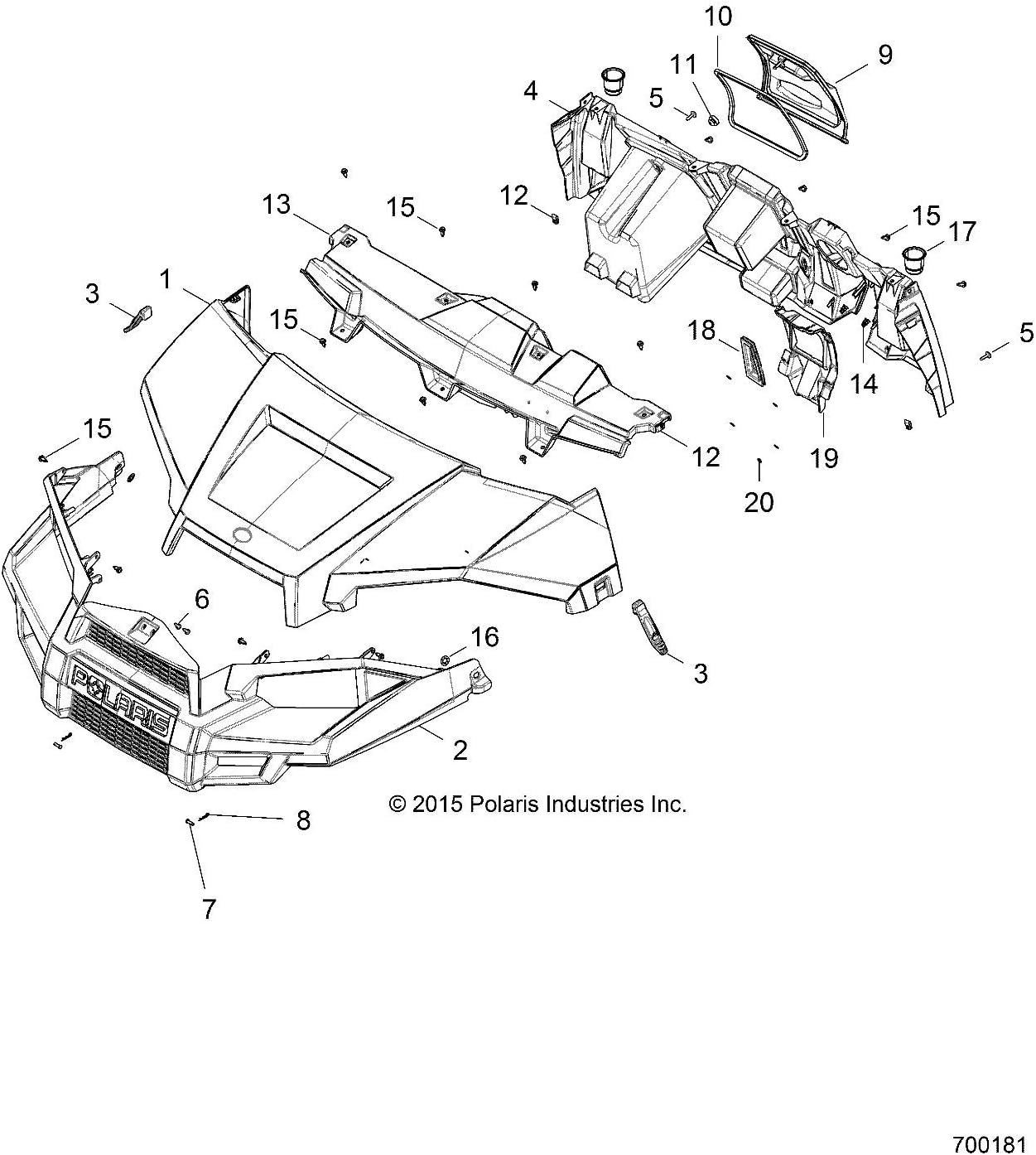 Polaris Ranger Front Fascia, Gloss Black, Genuine OEM Part 5451005-070, Qty 1