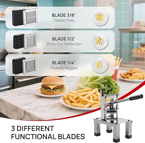 Miniatura 3 de Cortador comercial de papas fritas y cortador de verduras con 3 cuchillas de acero inoxidable - 38 pulgadas, 12 pulgadas, 14 pulgadas - Cortador de