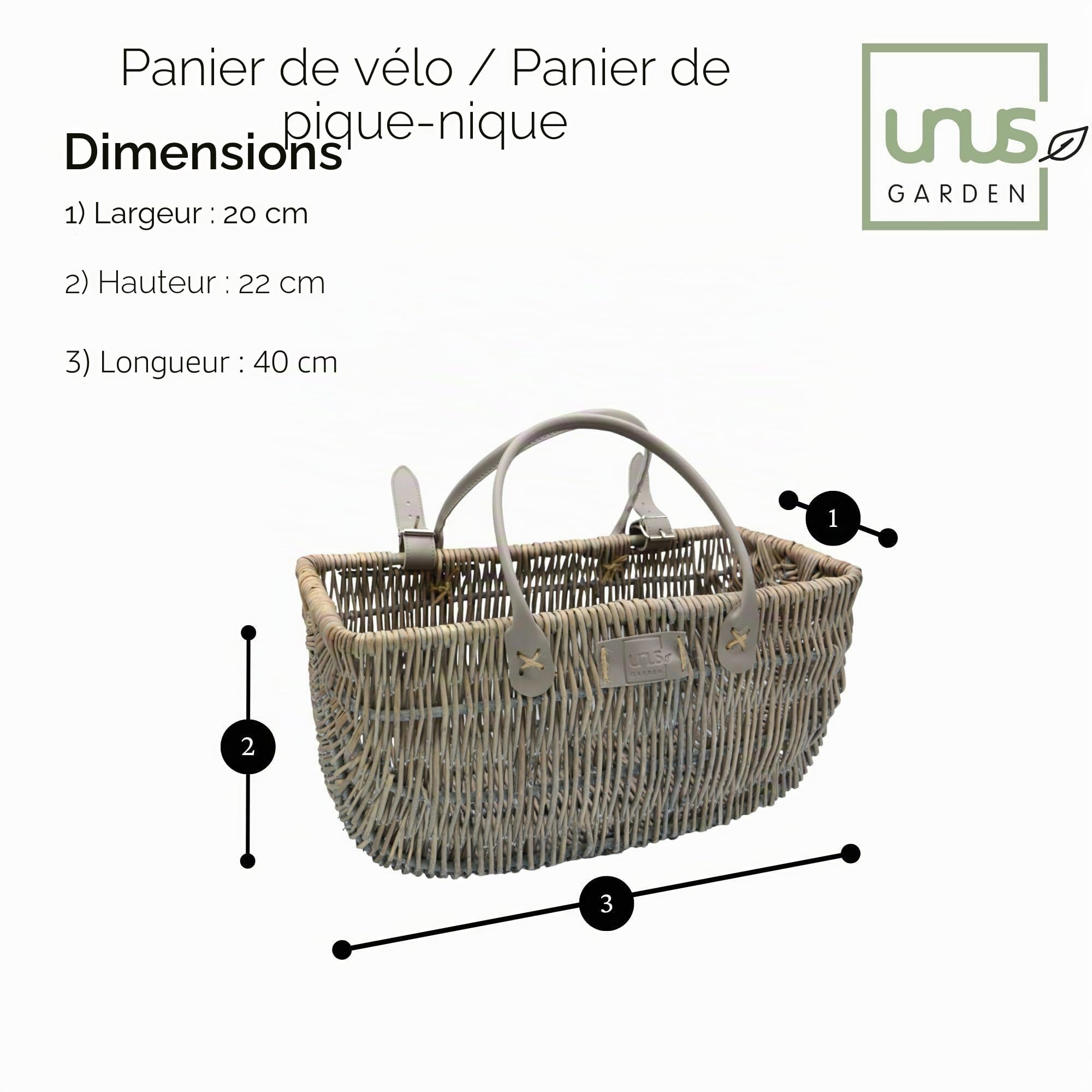 UNUS Garden Panier en Osier Rustique pour vélos, lanières en Cuir pour Fixation à l'avant du Guidon et à l'arrière du Porte-Bagages, Panier pour vélo et Panier à provisions en Osier Naturel