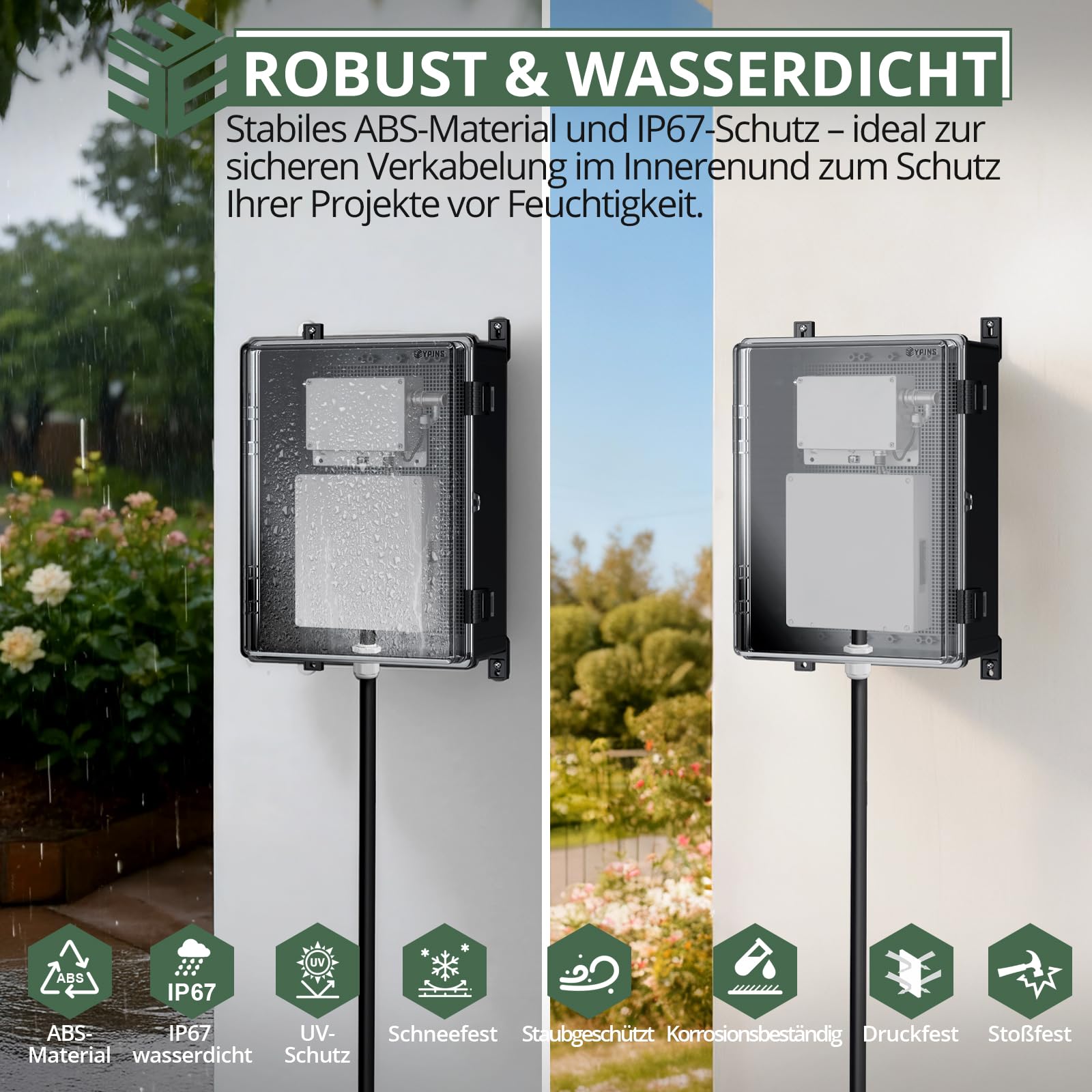 EYPINS Wasserdicht Verteilerkasten IP67, Anschlussdose Wasserdicht ABS Kunststoff Gehäuse außen Steckdosenkasten Schaltkasten Stromkasten mit Montagezubehör 40x30x16cm |Schwarz Schaltschrank/Sichttür