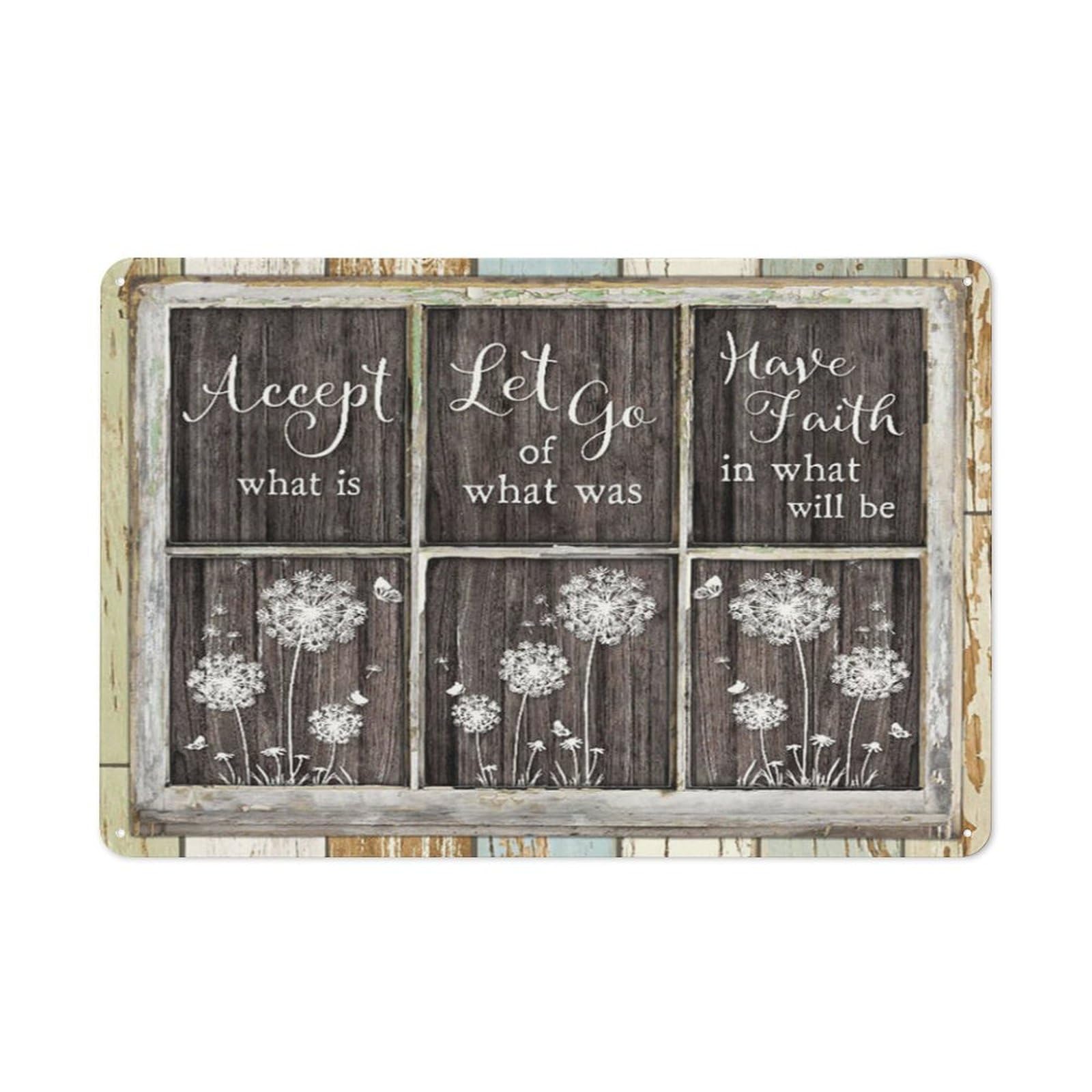 Rustic Metal Tin Sign, Dandelion Butterfly Faith Slogan Wall Art, Farmhouse Home Retro Decor 12x8 Inch