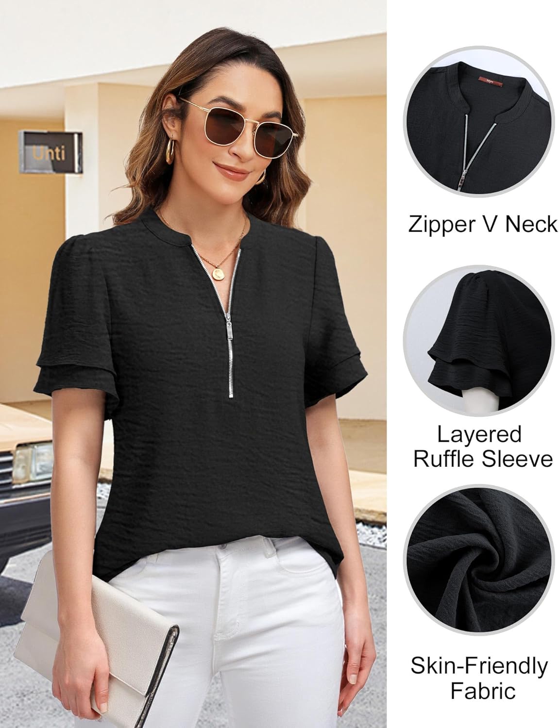 Gaharu Womens Dressy Casual Shirts Ruffle Short Sleeve Zipper V Neck Tops Work Business Office Blouse - Image 6