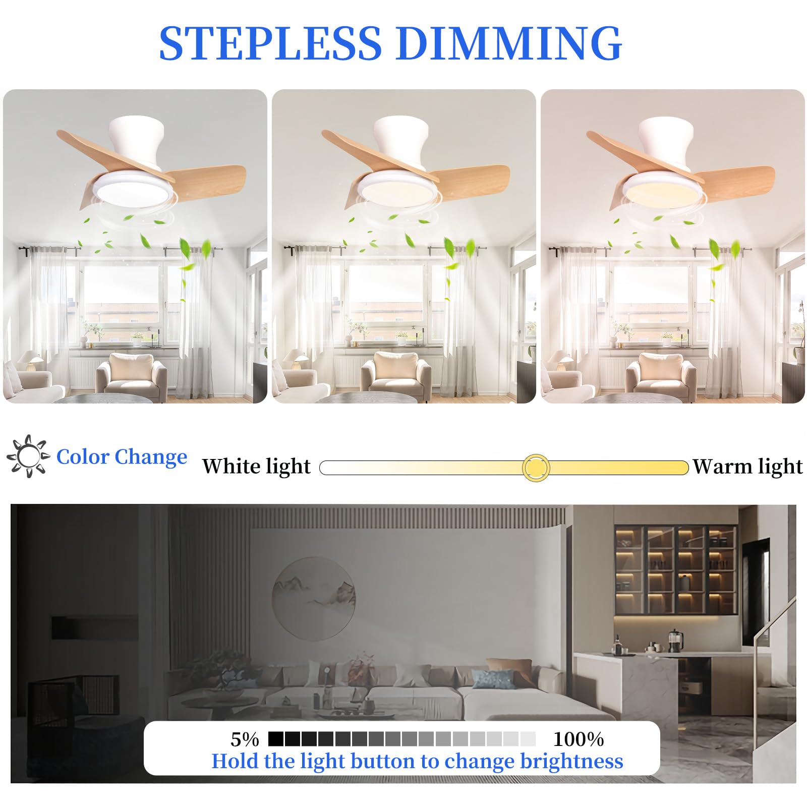 80CM Lampa Sufitowa Z Wentylatorem Silnik DC 6 Prędkości Odwracalny Wentylator Sufitowy Do Sypialni Z Oświetleniem LED Ściemnialne Wyciszenie Nowoczesne Oświetlenie Salonu Z Wentylatorem-E||80CM