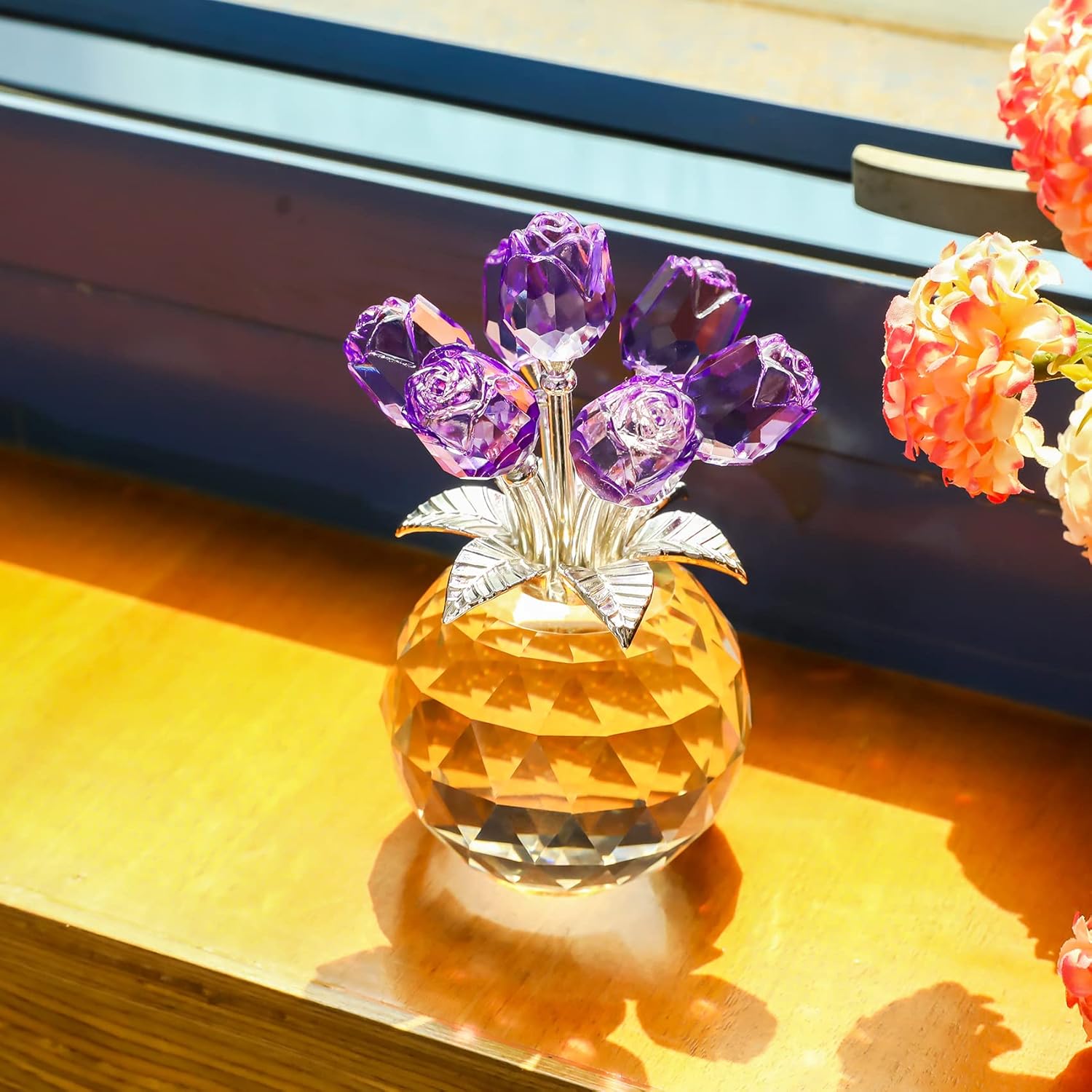 YWHL Handmade Crystal Purple Rose Flower Figurine with Round Vase, Rose Gifts for Girlfriend Wife Sister, Romantic Gifts for Mom on Anniversary Mother's Day Birthday, Wedding Home Decorations - Image 4