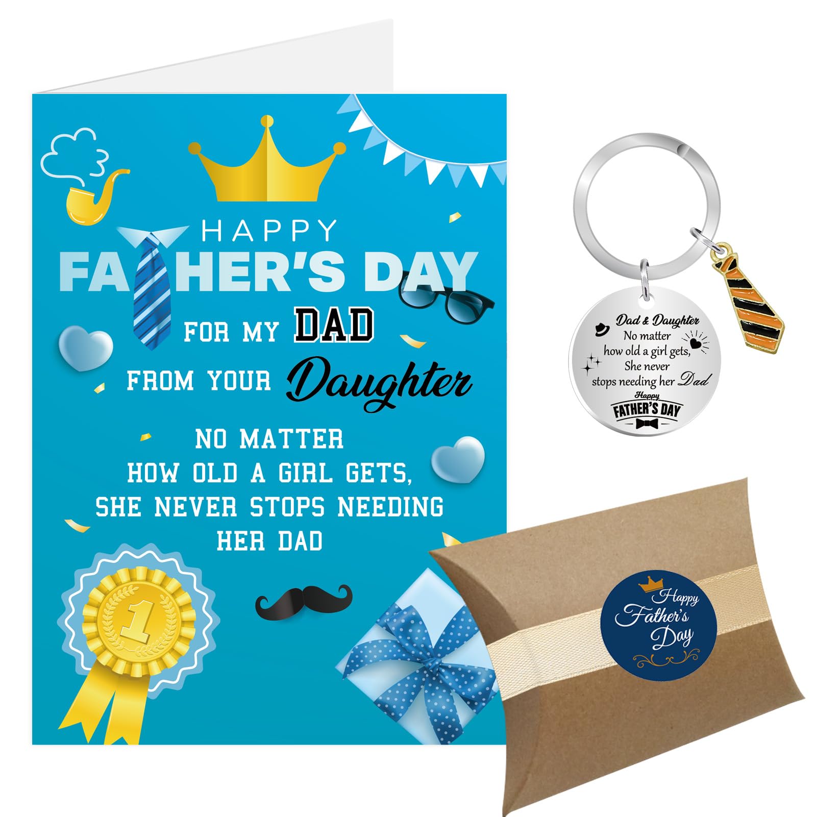 Fathers Day Card from Daughter, Father's Day Cards for Dad from Daughter Happy Fathers Day Card, Dad Keyring Gifts with Gift Box