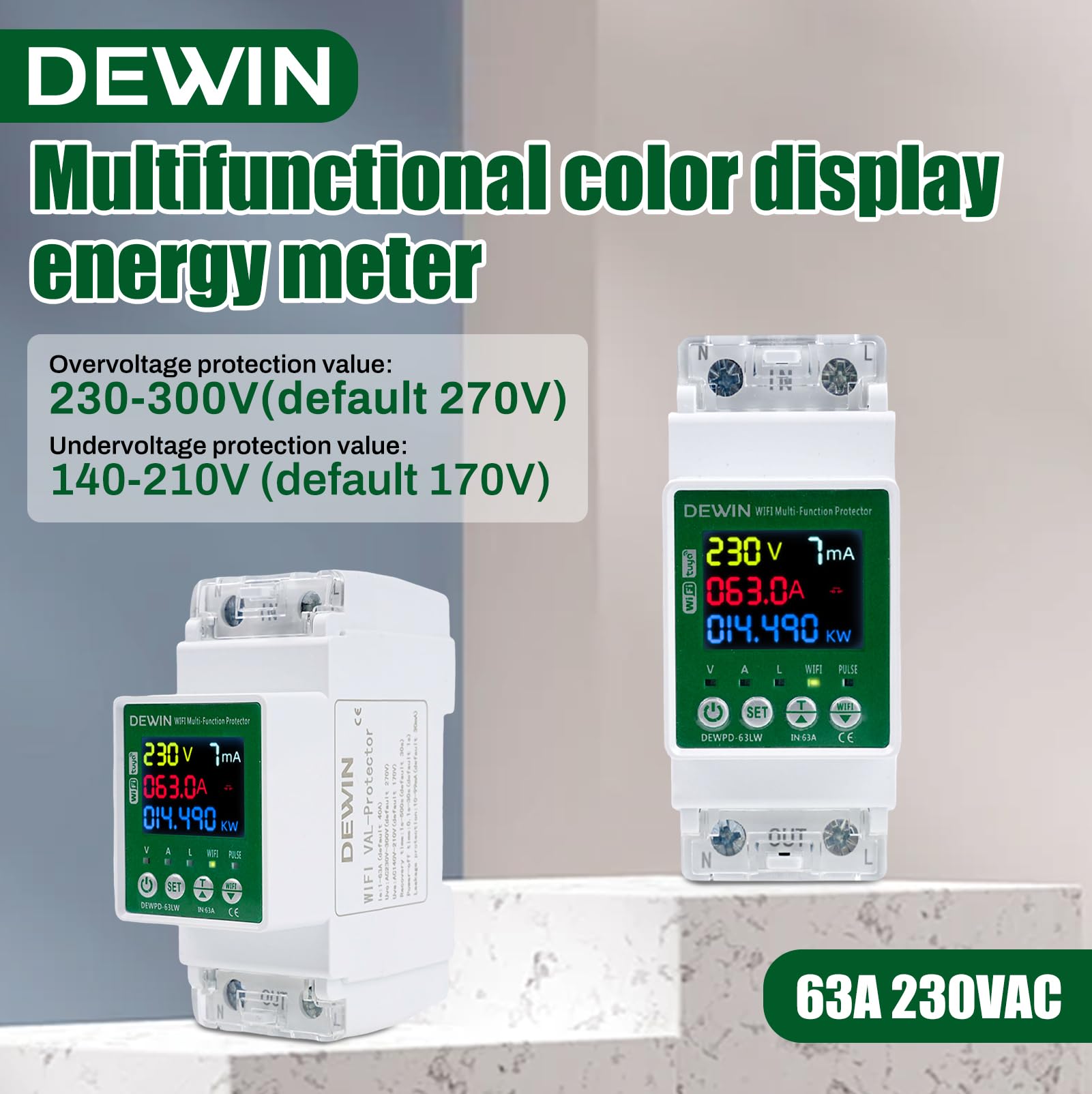 WiFi Compteur Electrique Monophasé, AC140-300V 63A Compteur d'énergie Tuya Smart Meter Wattmetre 1 Phasé Compteur d'électrique LED KWh Voltmètre Ampèremètre Modulaire avec Protection Multiple