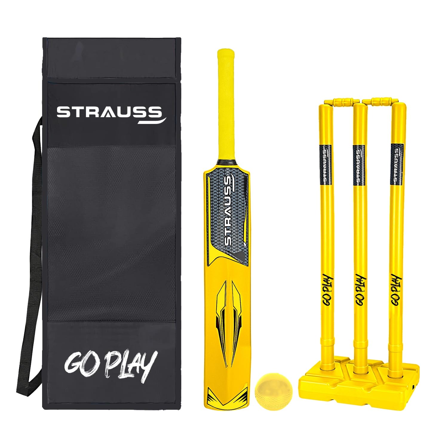 Strauss Cricket Combo Kit Set | Plastic/PVC Cricket Kit Set | Full Size | 1 Bat + 1 Ball + 3 Stumps + 2 Bails + 1 Base | Color: Golden Yellow | For All Age Groups | Tennis & Synthetic Ball Cricket Kit (B0C244BNZG) Amazon Price History, Amazon Price Tracker